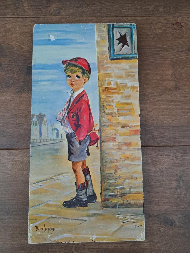 Vintage prent op hardboard jongen rode pet jas 37-18,5 cm, Minder dan 50 cm, Gebruikt, Ophalen of Verzenden, Schilderij