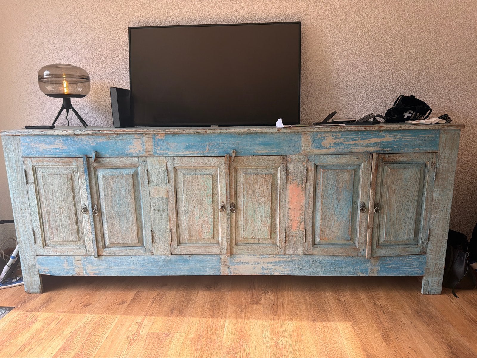 Uniek dressoir/tv-meubel van gerecycled hout, Huis en Inrichting, Ophalen, 200 cm of meer, 25 tot 50 cm, Overige houtsoorten