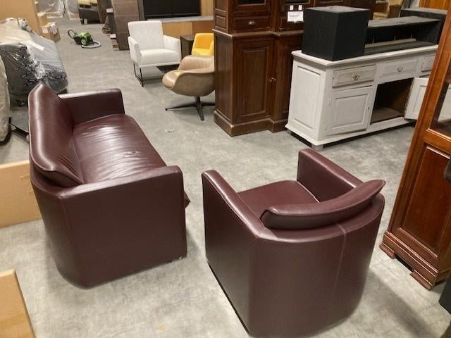 2,5 zitsbank en fauteuil leer bordeaux rood SAMEN €175, 150 tot 200 cm, Tweepersoons, Ophalen of Verzenden, Zo goed als nieuw