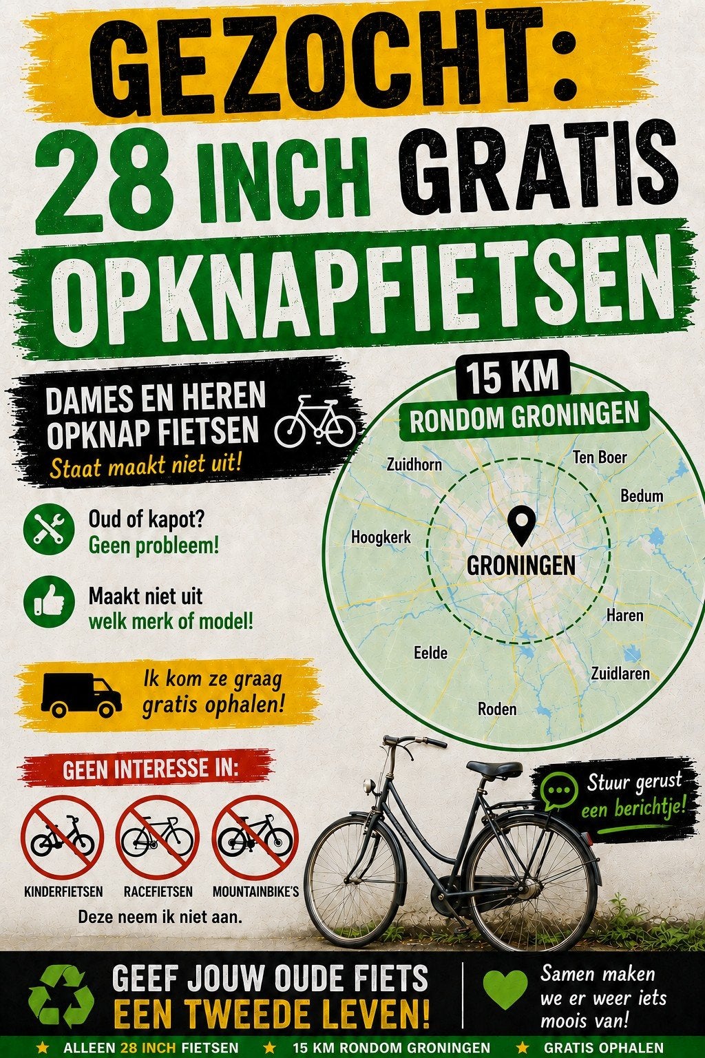 gezocht gratis 28inch opknap fietsen, Fietsen en Brommers, Fietsen | Dames | Damesfietsen, Ophalen, Gebruikt, Overige merken