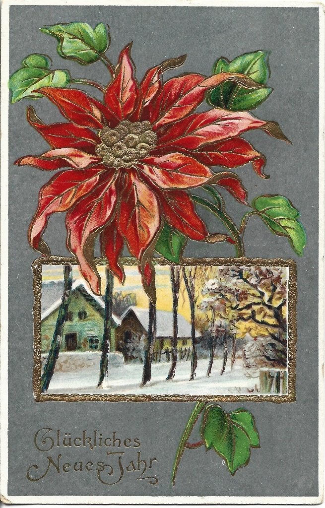 Antiek uit 1912*Nieuwjaar*Goudopdruk*Relief*Poinsettia*Mooi, Verzamelen, Ophalen of Verzenden, Voor 1920, Gelopen, Feest(dag)