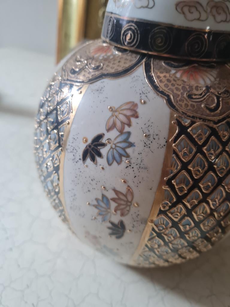 Vintage bolle vaas/pot met deksel zwart/wit, Antiek en Kunst, Curiosa en Brocante, Ophalen of Verzenden