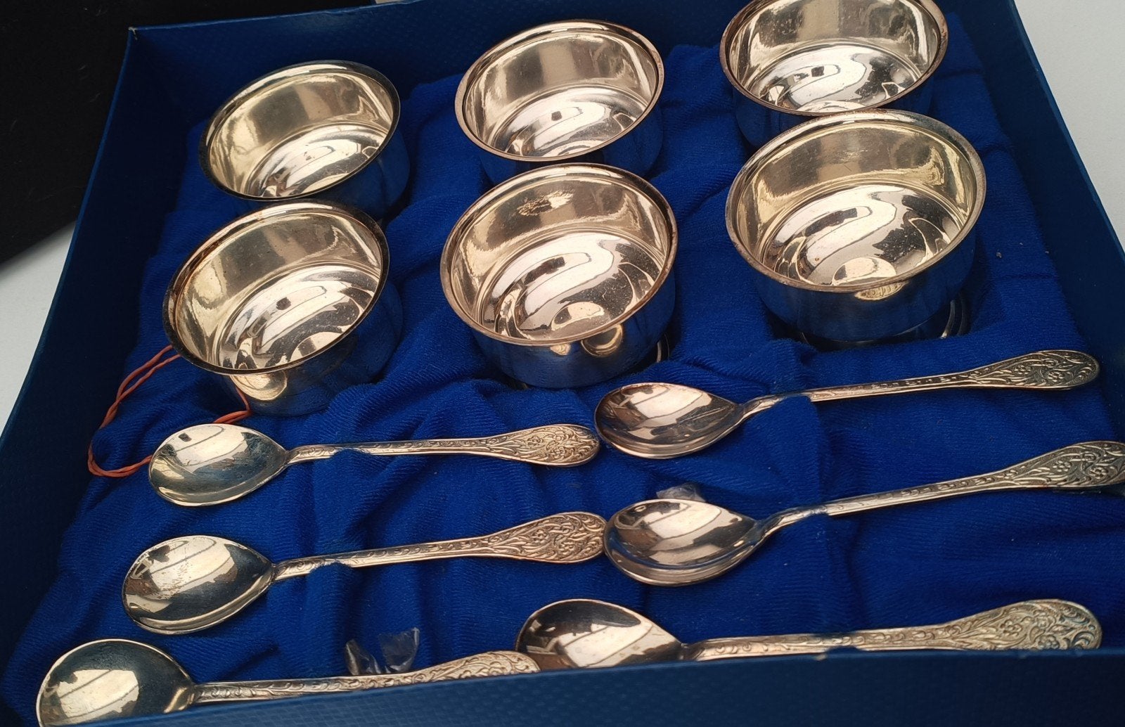 Antieke 6-delige zilverkleurige set met schaaltjes en lepels, Ophalen of Verzenden, Zilver