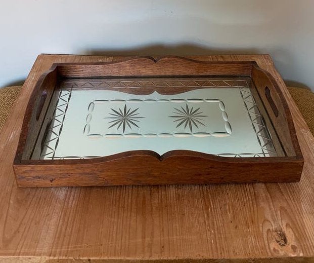 Vintage dienblad met geslepen spiegel, Antiek en Kunst, Ophalen of Verzenden
