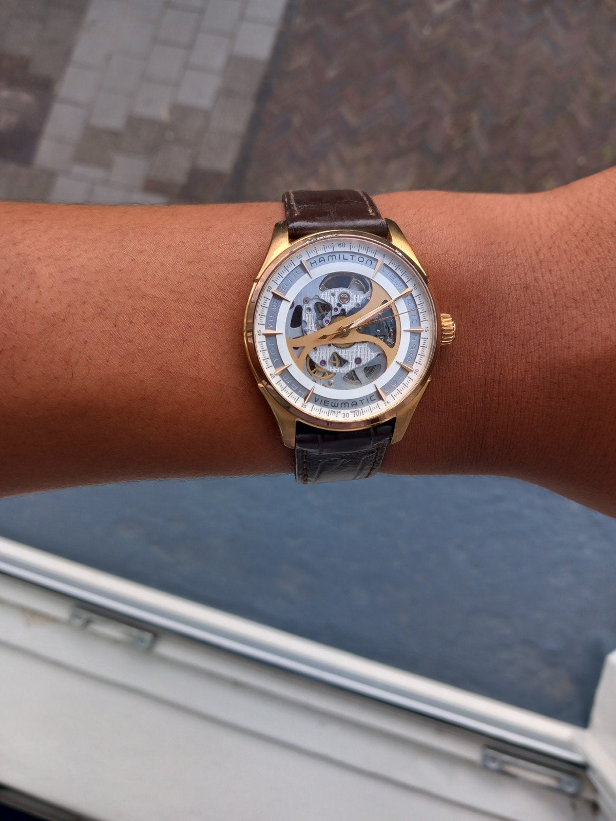 Hamilton Viewmatic Skeleton Goudkleurig Heren Horloge, Overige materialen, Leer, Polshorloge, Zo goed als nieuw