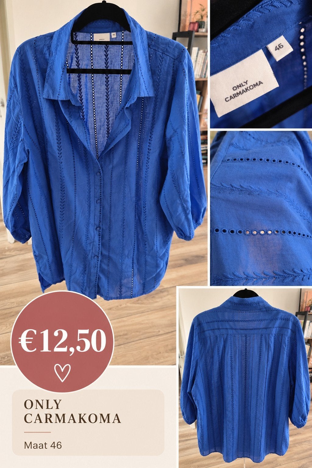 Only Carmakoma blauwe blouse met broderie, maat 46, Blauw, Maat 46/48 (XL) of groter, Ophalen of Verzenden, Zo goed als nieuw
