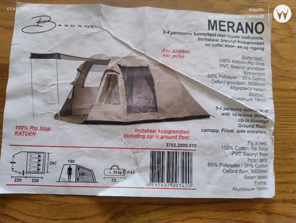 Tent Merk: Bardani Type: Merano, Caravans en Kamperen, Tenten, Ophalen, Gebruikt, Tot en met 4
