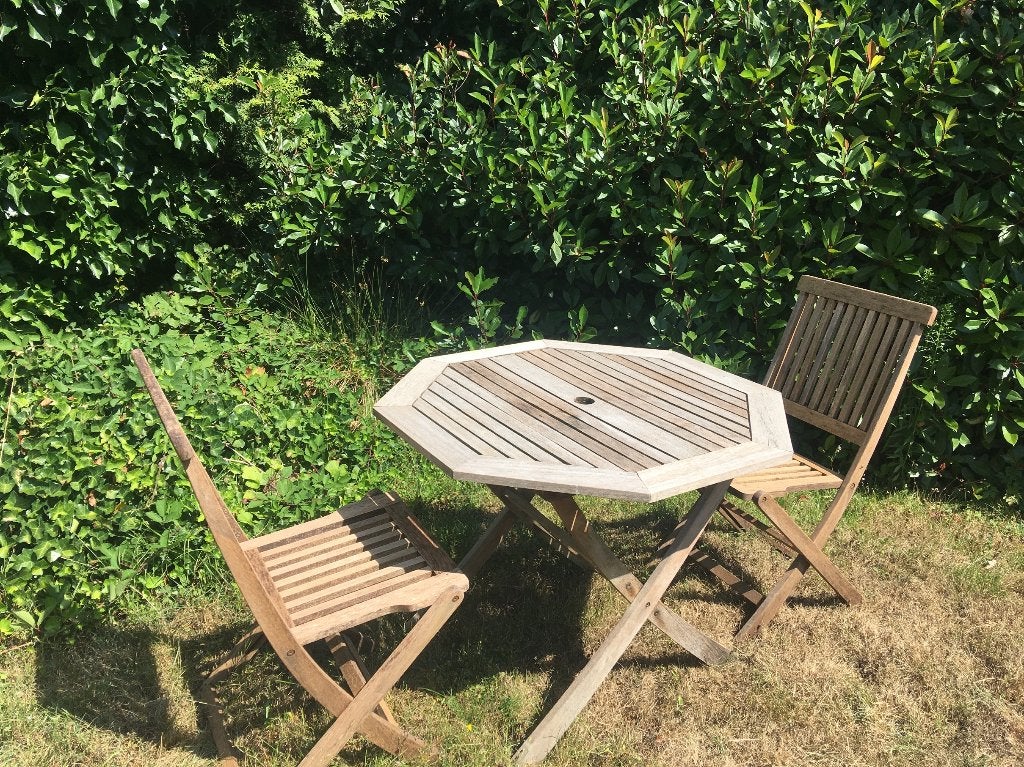 tafel - tuintafel teak 90 cm incl. stoelen, Ophalen, Gebruikt, Rechthoekig, Teakhout