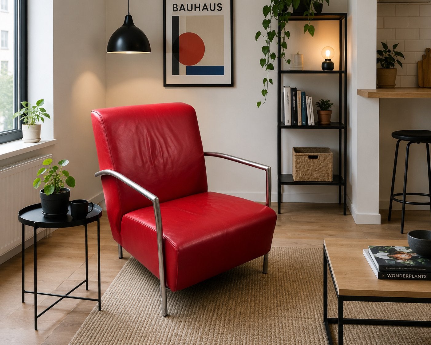 Rode leren fauteuil met chromen frame, Ophalen, Gebruikt, Leer, Montel