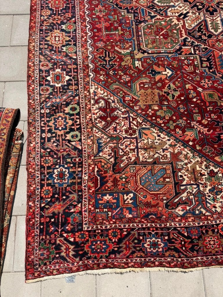 Heriz Perzisch Tapijt . 395x293cm . Handgeknoopt & Kleurrijk, Gebruikt, Crème, Wol, 200 cm of meer