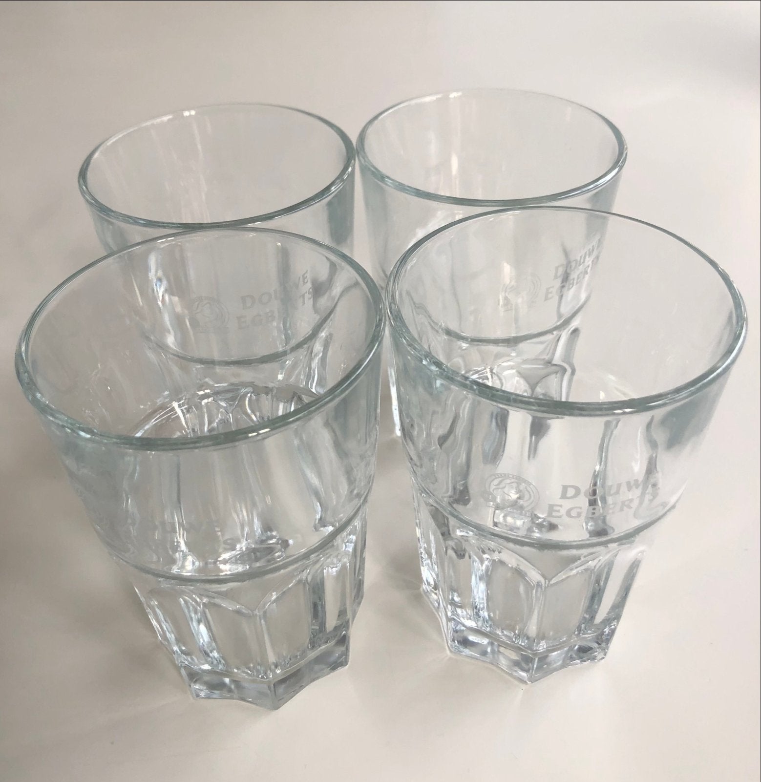 Set van 4 Douwe Egberts koffie glazen, Glas of Glazen, Gebruikt, Ophalen of Verzenden, Glas