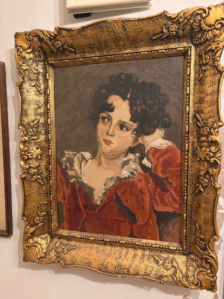 Vintage Tapijtwerk Portret in Gouden Lijst, Ophalen of Verzenden