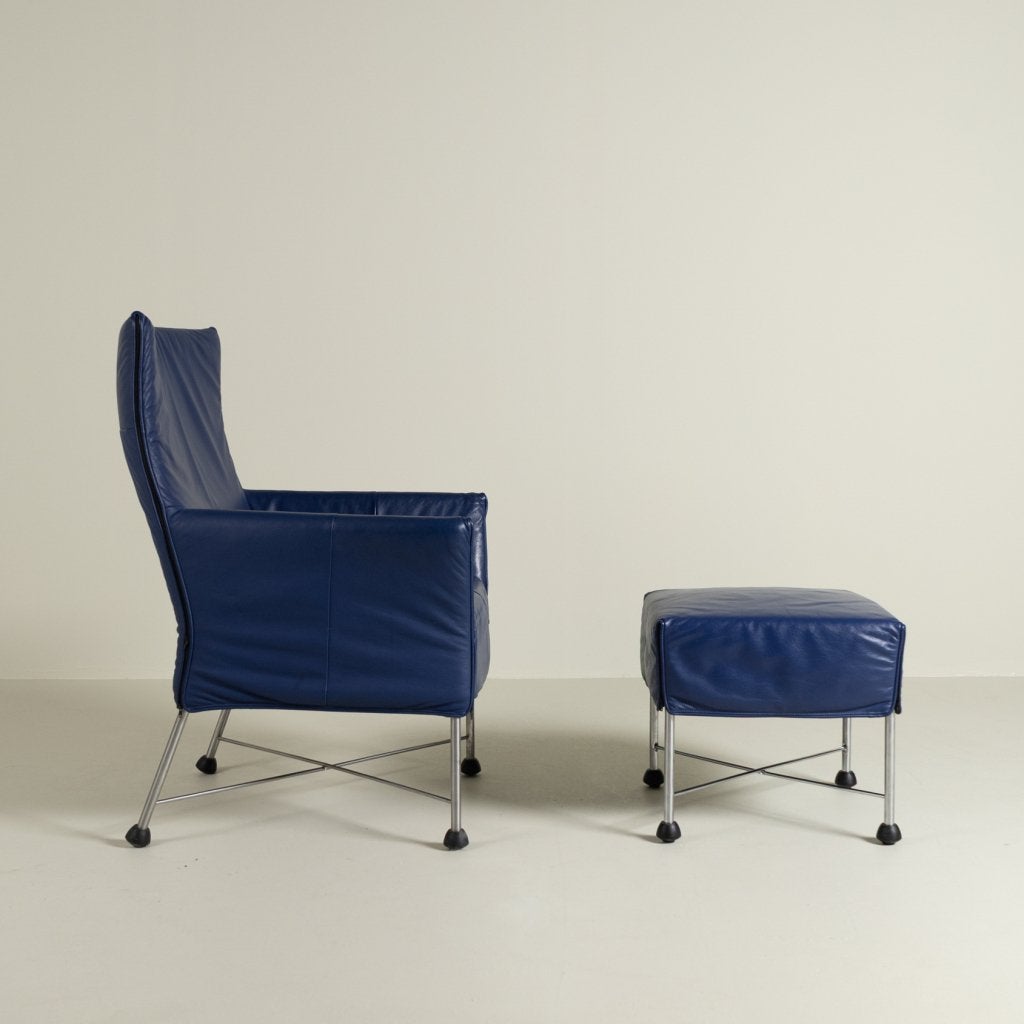 Montis Charly Fauteuil Donkerblauw Leer - Aluminium (Op Dopp, Niet ingevuld, Zo goed als nieuw, Niet ingevuld, Niet ingevuld
