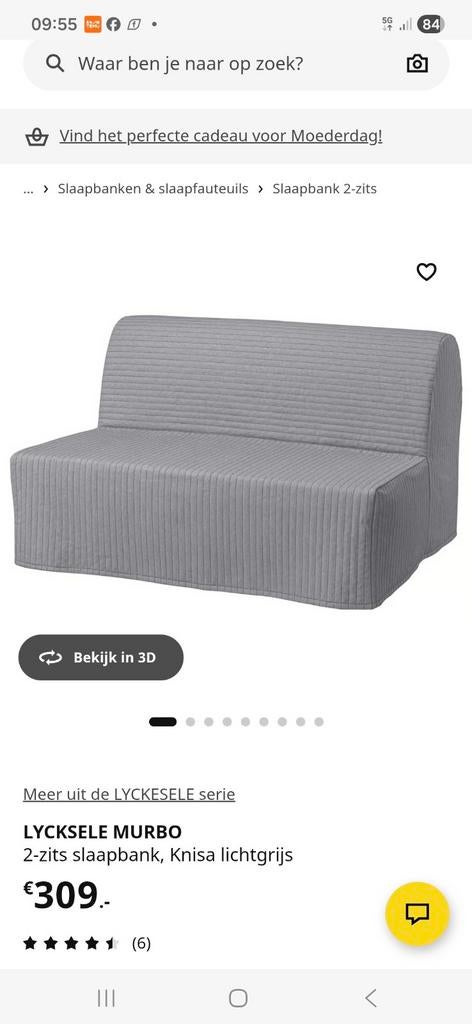 IKEA LYCKSELE MURBO 2-zits slaapbank, Knisa lichtgrijs, Ophalen, Gebruikt, Tweepersoons, 140 cm