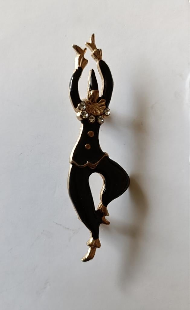 Vintage Melody goudkleurige emaille clown broche, Overige materialen, Gebruikt, Ophalen of Verzenden, Goud