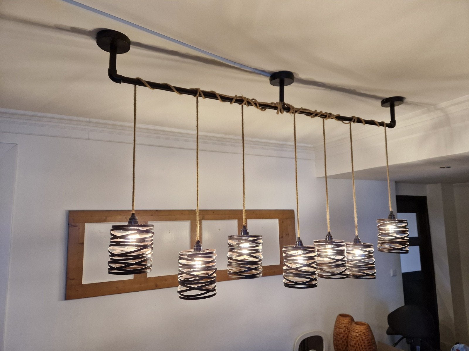 Industriële hanglamp met 6 koperkleurige kooilampen, Ophalen, Gebruikt, Metaal, E27 (groot)