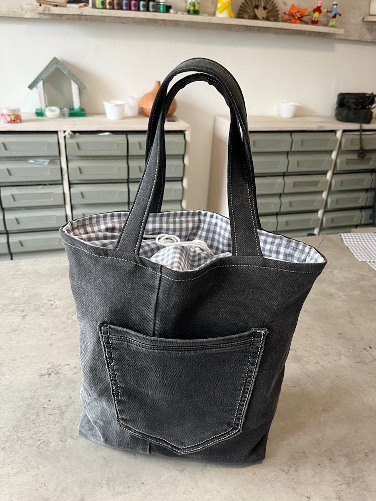 Tas spijkerstof zwart wit rits trekkoord, Zwart, Nieuw, Kinderworkshops Petra, Ophalen of Verzenden