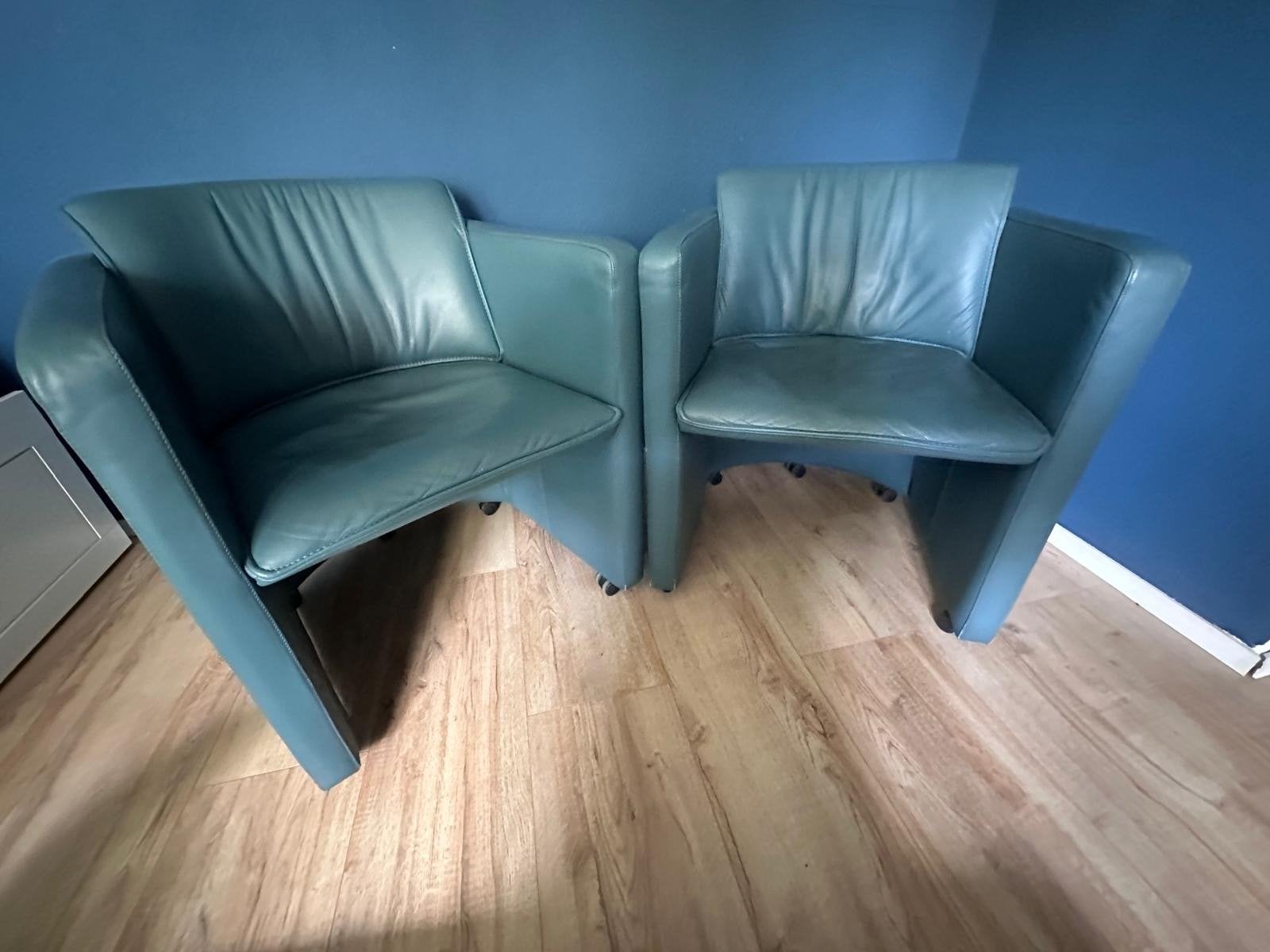 2 Leolux Fiabo fauteuils - Leer - Blauw/Groen, Huis en Inrichting, Stoelen, Ophalen, Gebruikt, Twee, Blauw