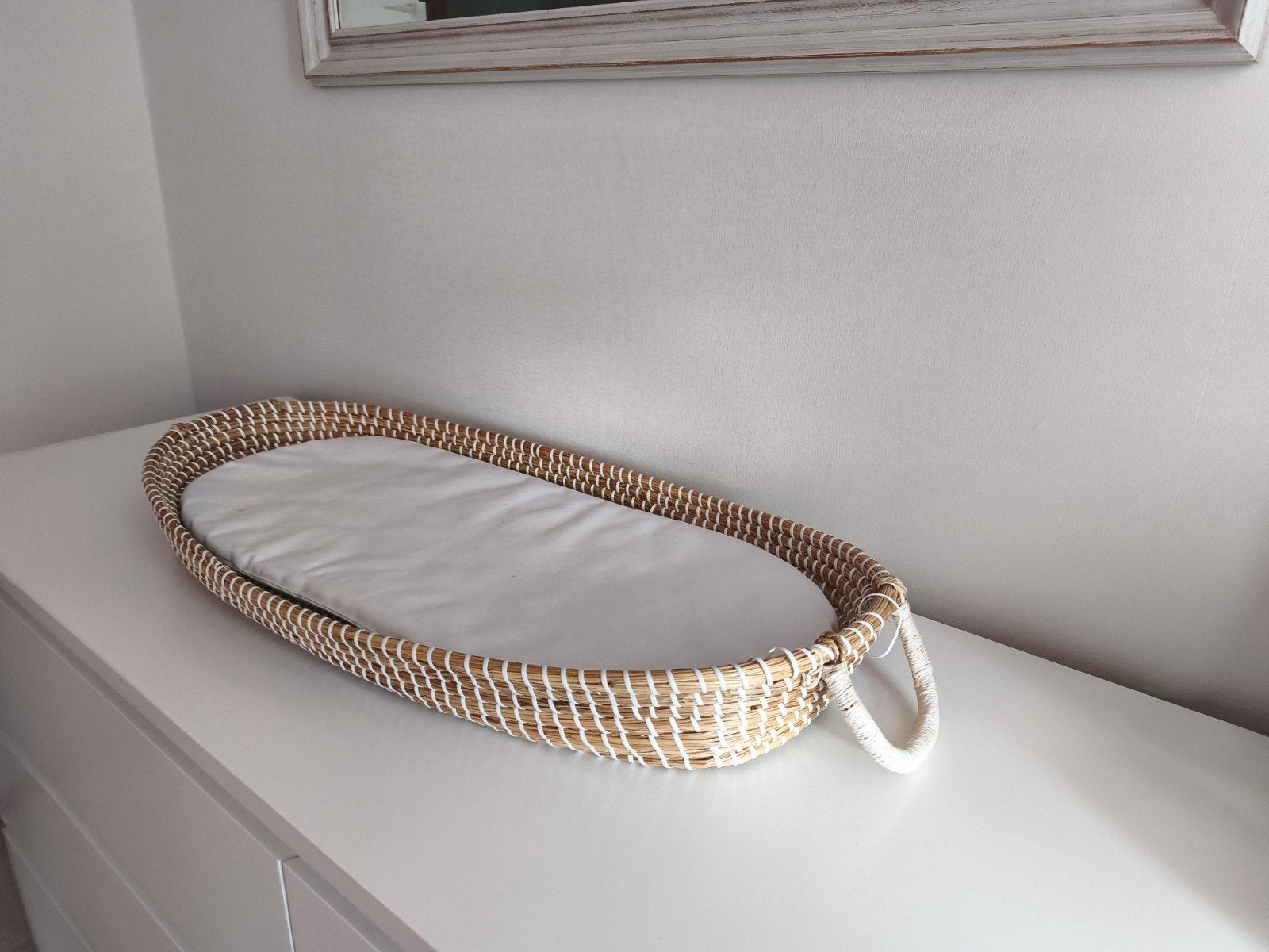 Gevlochten verschoonmand met aankleedkussen - Boho stijl, Ophalen of Verzenden, Gebruikt, Aankleedkussen