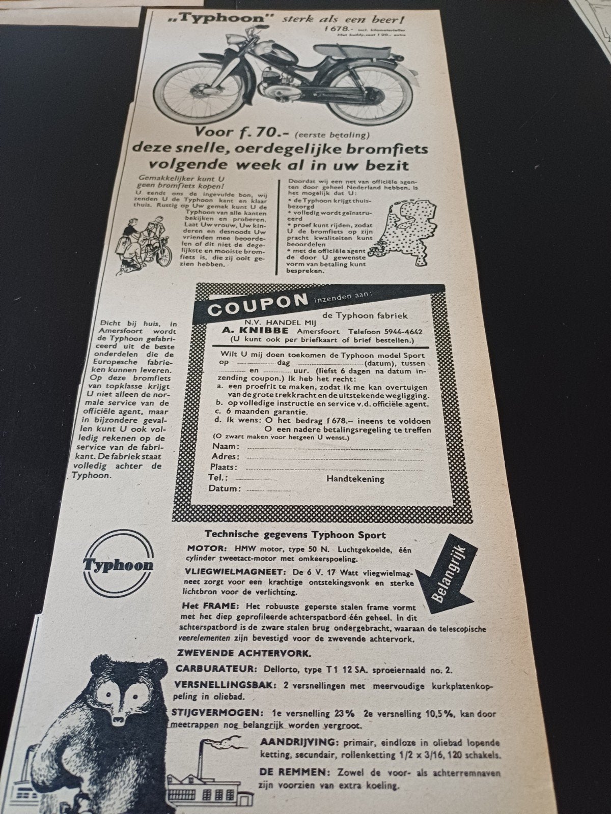 advertentie Typhoon bromfiets 1956, Ophalen of Verzenden, Zo goed als nieuw, Overige typen
