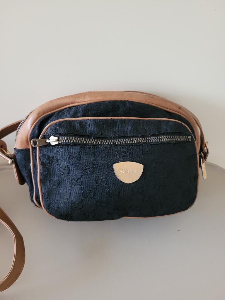 Vintage jaren 70/80 Gucci tas monogram stof/leer, Ophalen of Verzenden, Gebruikt, Bruin, Schoudertasje