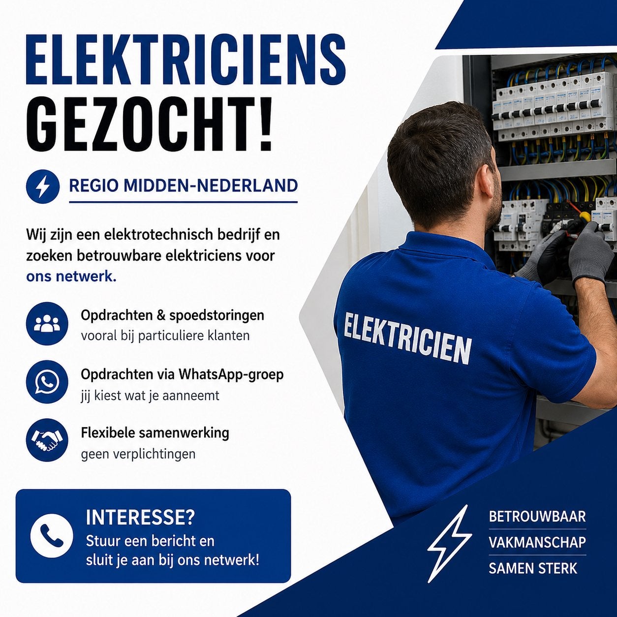 Elektricien Elektriciens Gezocht (ZZP), Overige niveaus, Freelance of Uitzendbasis