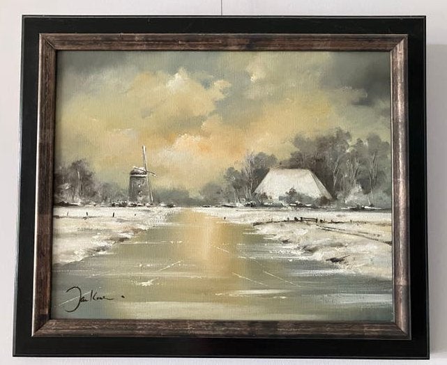 Olieverf Schilderij Jan Kooistra - Hollands Winterlandschap, Doek, Realistisch, Ophalen of Verzenden, Gesigneerd