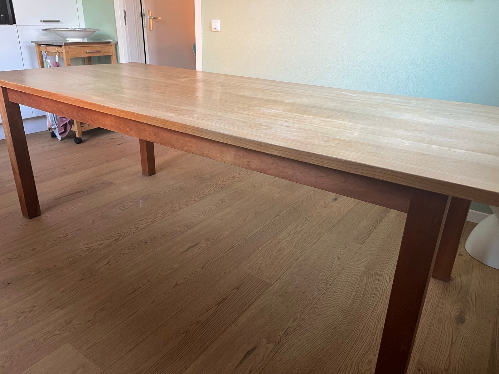 Robuuste eettafel van Cottage, massief kersenhout, Ophalen, Gebruikt, 200 cm of meer, 50 tot 100 cm
