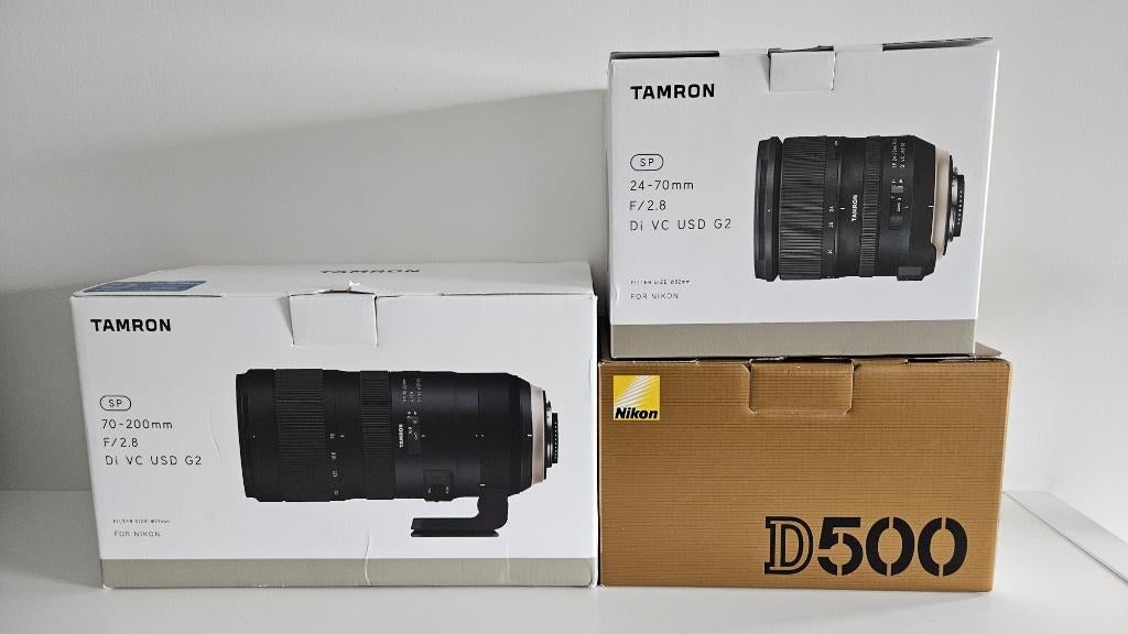 Nikon D500 + Tamron 24-70mm f/2.8 + 70-200mm f/2.8 (G2), Spiegelreflex, Zo goed als nieuw, Nikon, Geen optische zoom