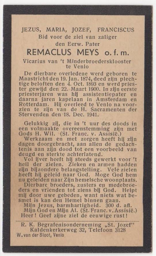 pater Remaclus Meys 1874 Maastricht + 1941 Venlo, 67 jaar, Verzamelen, Bidprentjes en Rouwkaarten, Verzenden