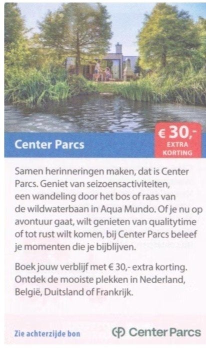 Center Parcs € 30,- extra korting, Tickets en Kaartjes, Drie personen of meer, Kortingsbon, Bungalowpark