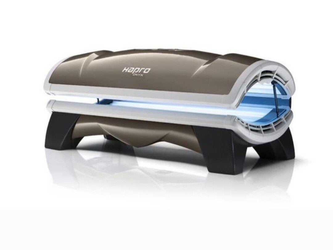 Hapro Onyx zonnebank met gezichtsbruiner, Ophalen of Verzenden, Gebruikt, Zonnebank dubbelzijdig, 10 tot 15 lampen
