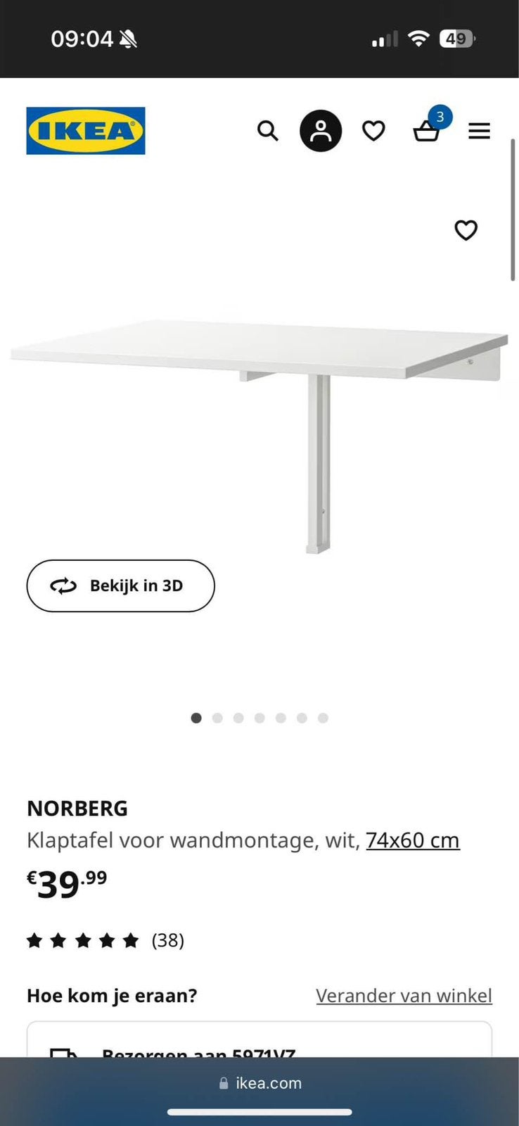 IKEA NORBERG Klaptafel voor wandmontage, wit, 74x60 cm, Ophalen, Overige materialen, Gebruikt, 100 tot 150 cm
