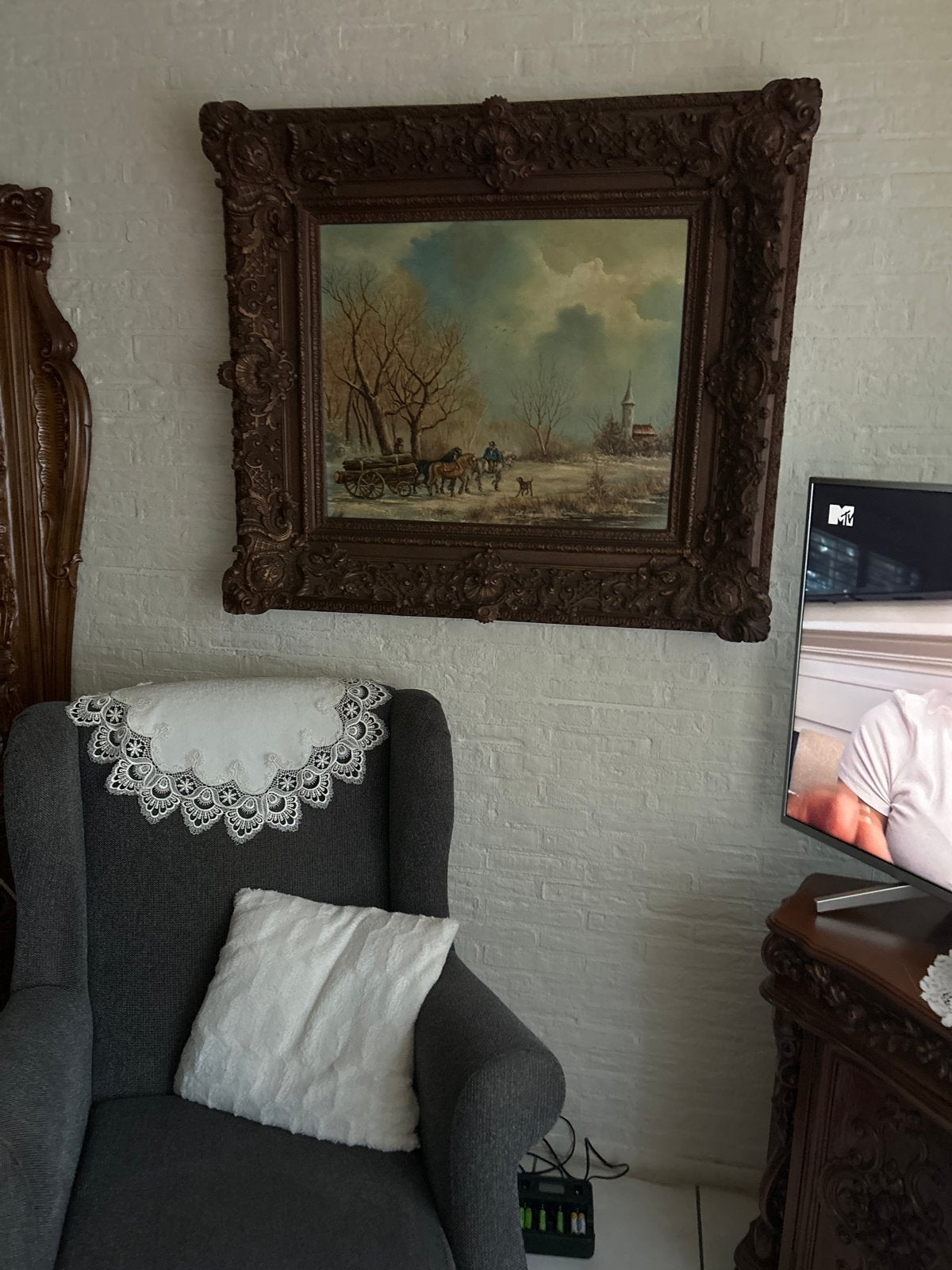 Antiek Schilderij Winterlandschap met Figuren, Doek, Realistisch, Ophalen of Verzenden, Landschap