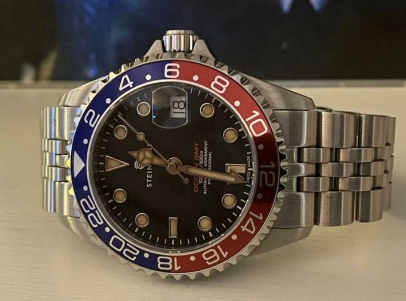 Steinhart Ocean One GMT Pepsi met Jubilee band, Overige merken, Gebruikt, Staal, Polshorloge
