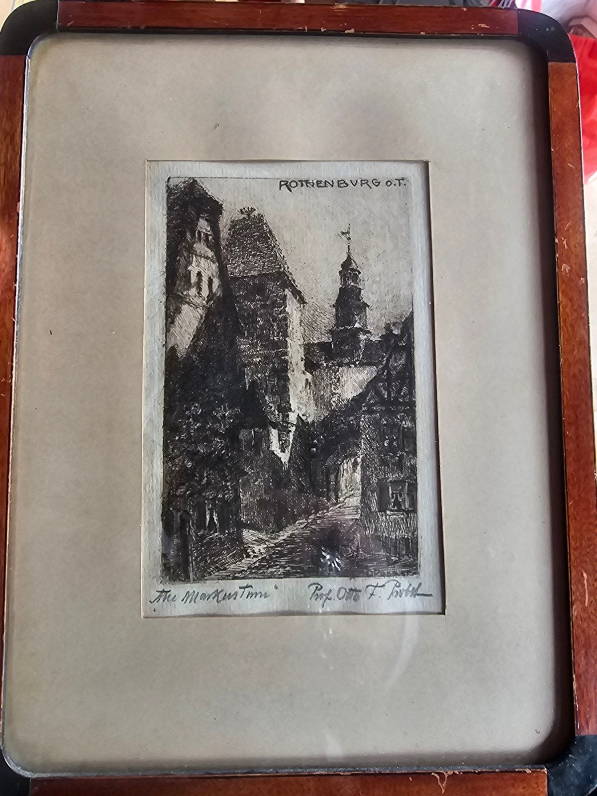 Ets Rothenburg o.T. 'MarkusTurm' door Prof. Otto F. Probs, Antiek en Kunst, Ets, Stadsgezicht, 1900 - 1949, Ingelijst