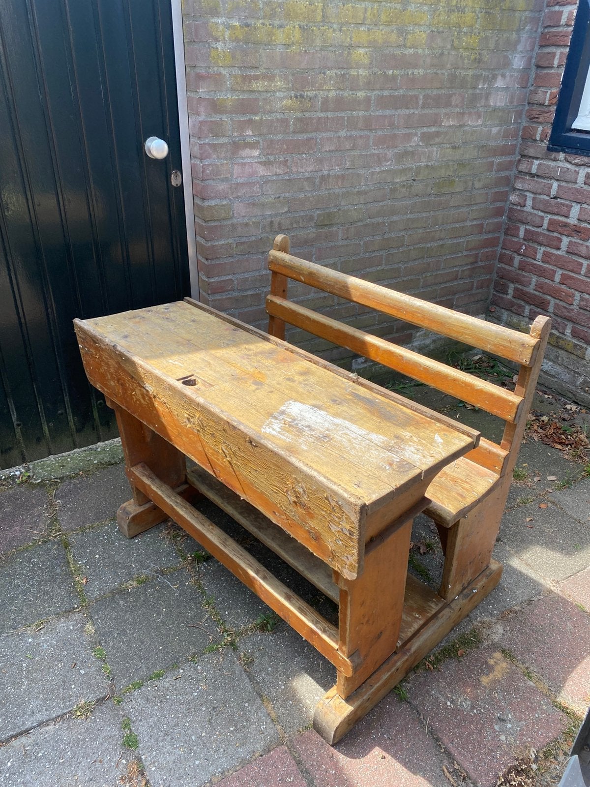 Antiek schoolbankje, Tuin en Terras, Ophalen, Gebruikt, Hout