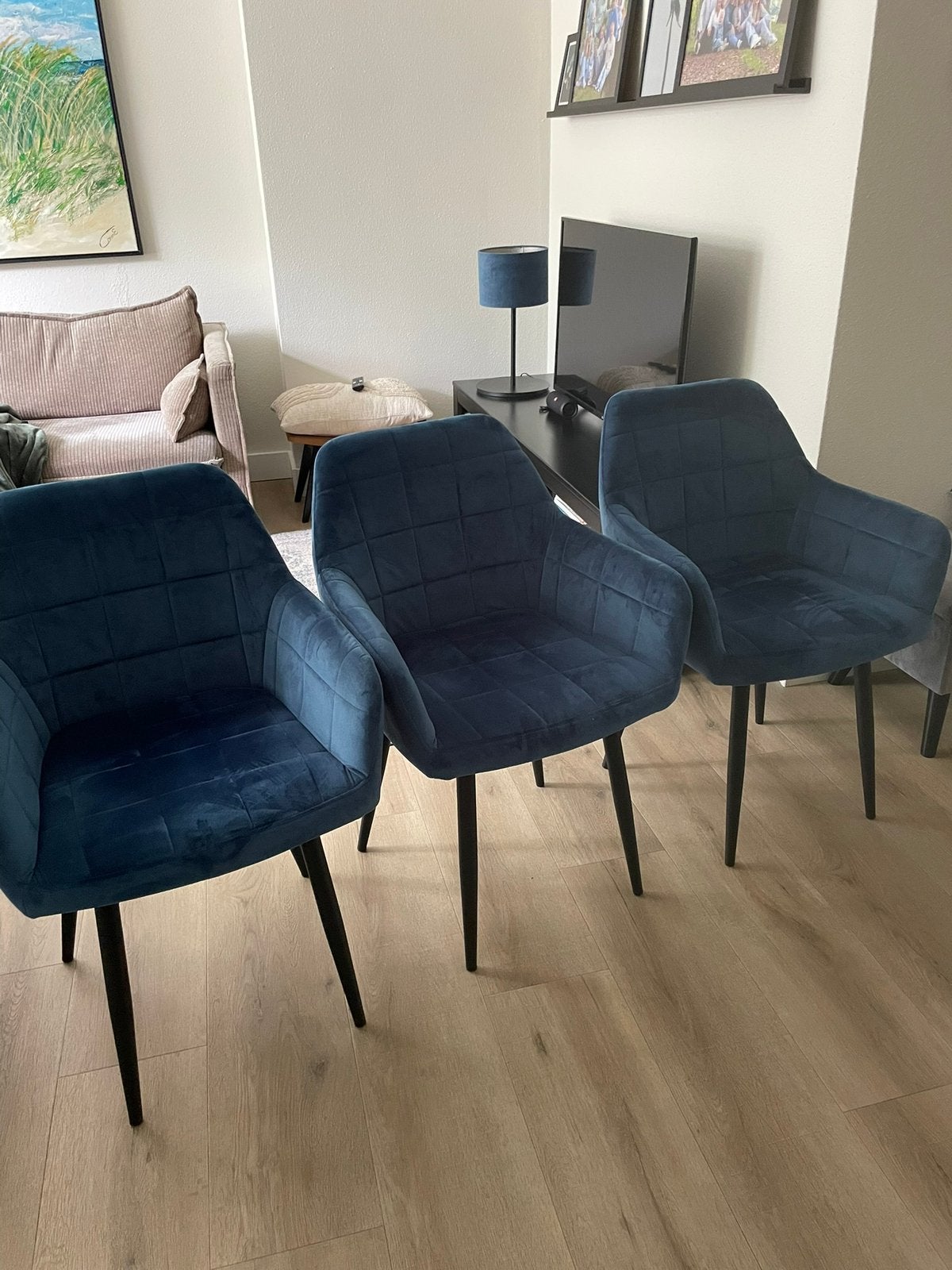 3 prachtig blauwe stoeltjes met velvet stof bekleed., Huis en Inrichting, Ophalen, Twee, Blauw, Zo goed als nieuw