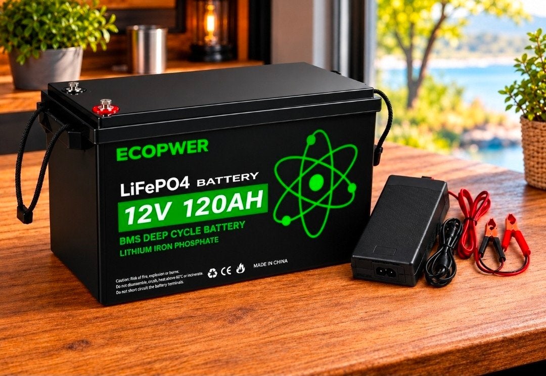 ECOPWER LiFePO4 12V 120Ah Accu met BMS +acculader, Ophalen of Verzenden, Nieuw
