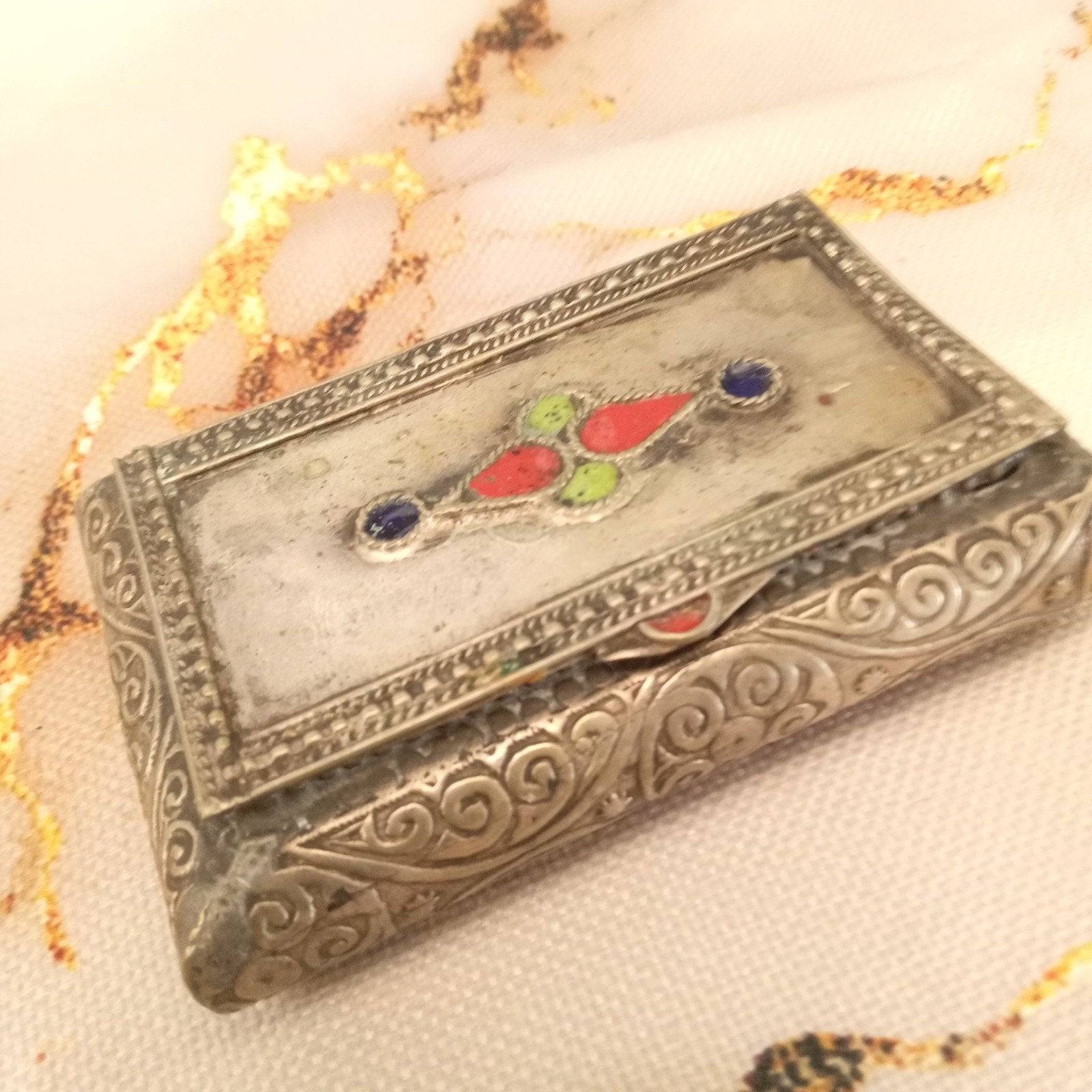 Antiek  doosje met emaille decoratie, Antiek en Kunst, Ophalen of Verzenden