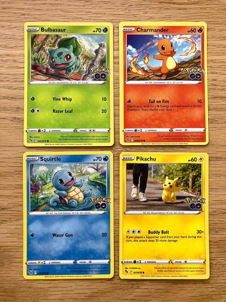 4x starters Pokémon Go, Hobby en Vrije tijd, Verzamelkaartspellen | Pokémon, Ophalen of Verzenden, Zo goed als nieuw, Meerdere kaarten
