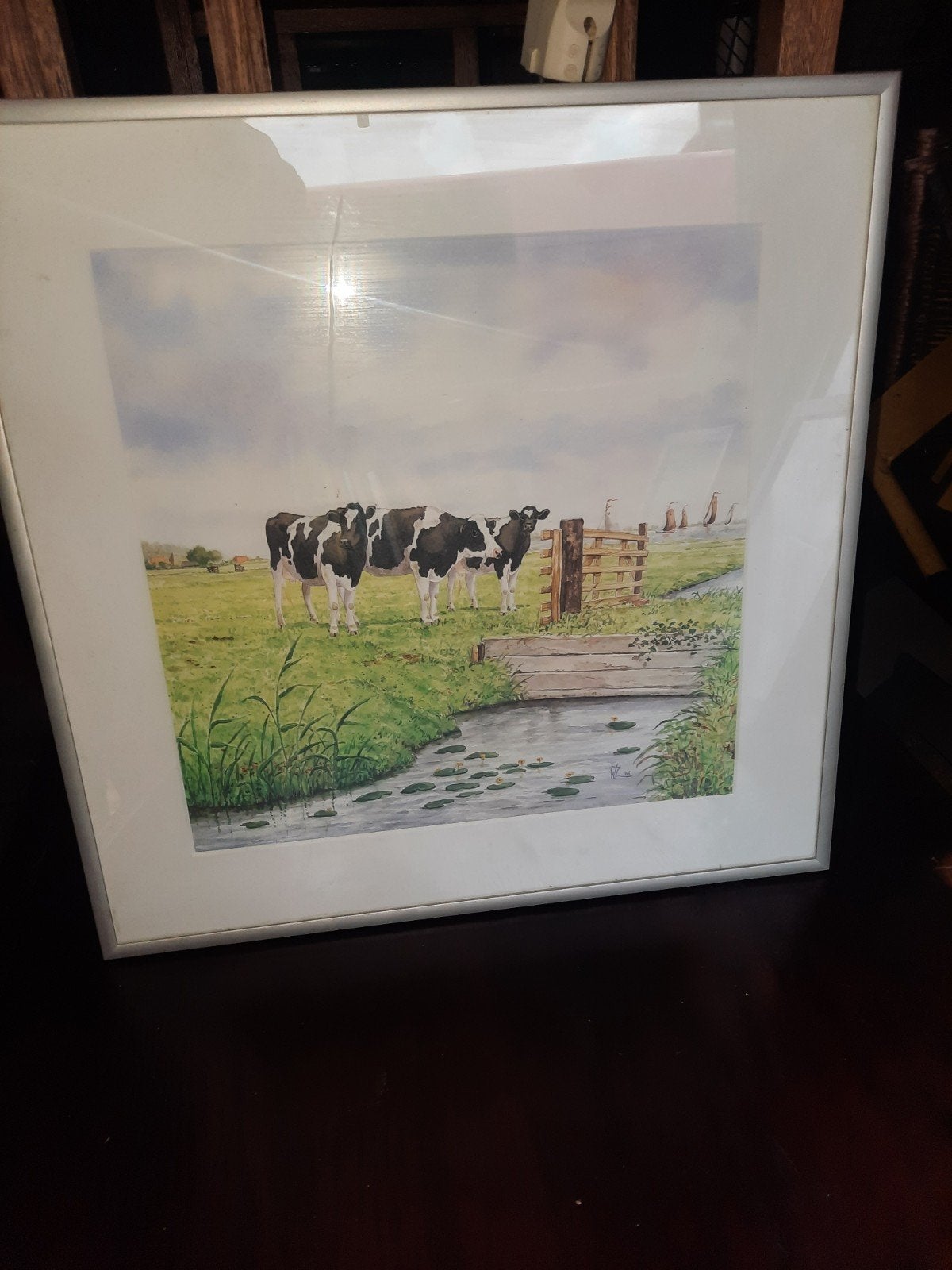 Schilderij Hollandse Koeien in Landschap - Gesigneerd '06, Antiek en Kunst, Realistisch, Gedateerd, Ophalen of Verzenden, Landschap