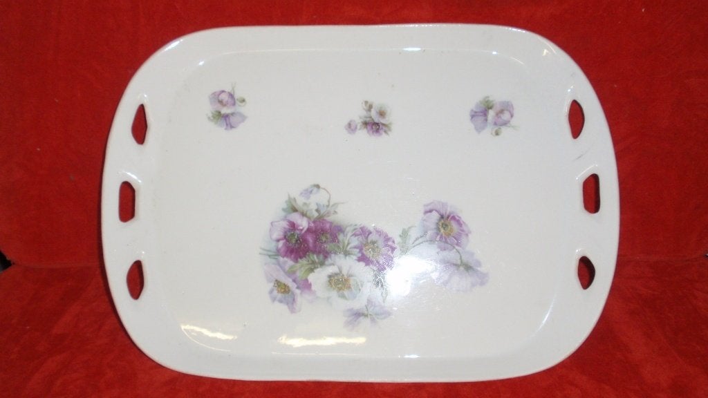 Oude porselein serveer plateau met anemonen, Gebruikt, Met afbeelding/tekst, Ophalen of Verzenden, Serveerplateau