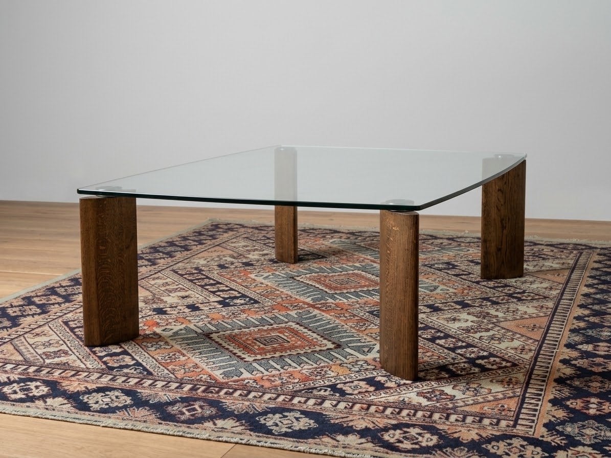 Glazen salontafel met houten poten, Huis en Inrichting, Gebruikt, 50 tot 100 cm, 100 tot 150 cm, Ophalen of Verzenden