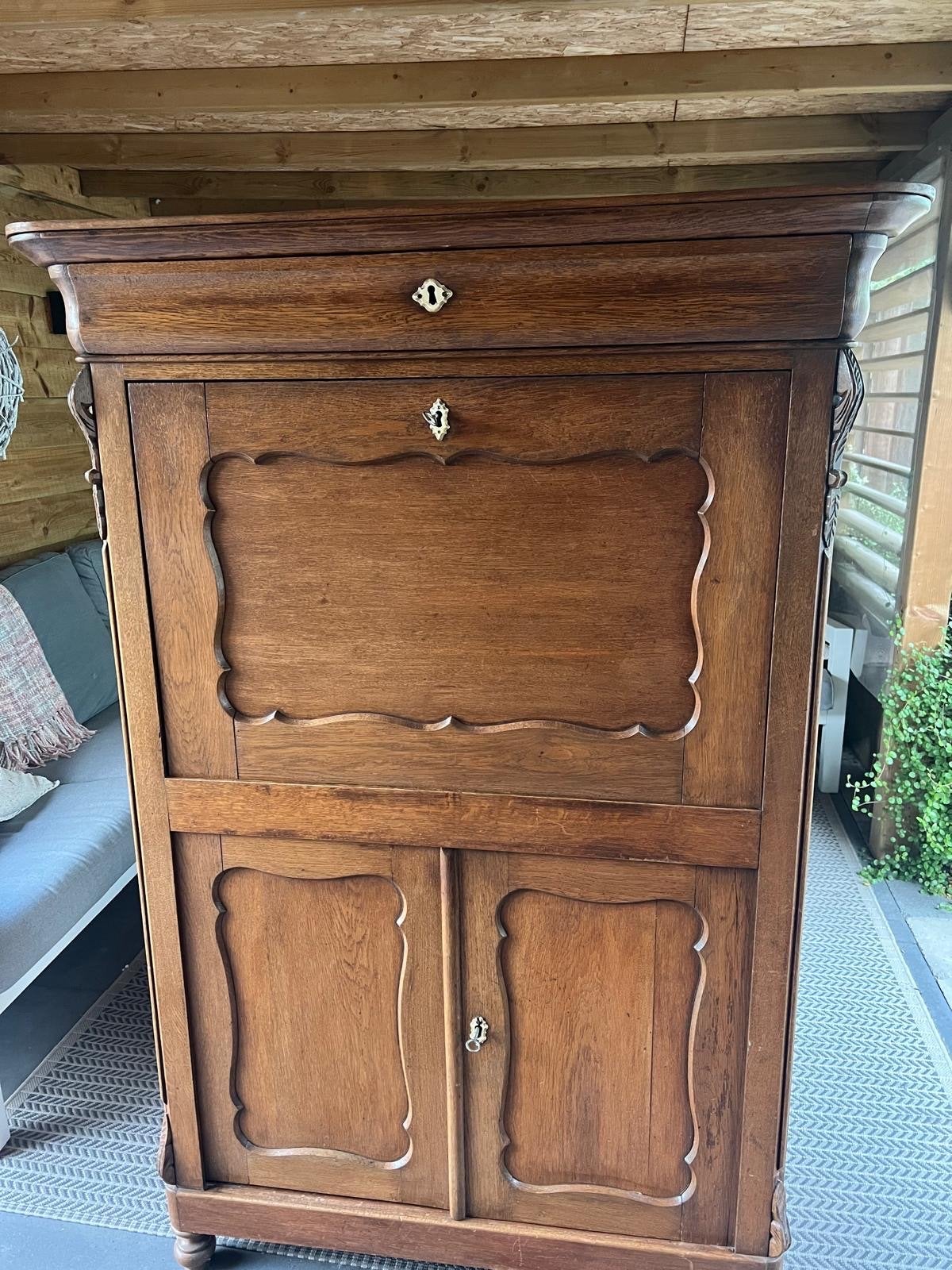 Antiek Eiken Secretaire / Bureau met Opbergruimte, Ophalen