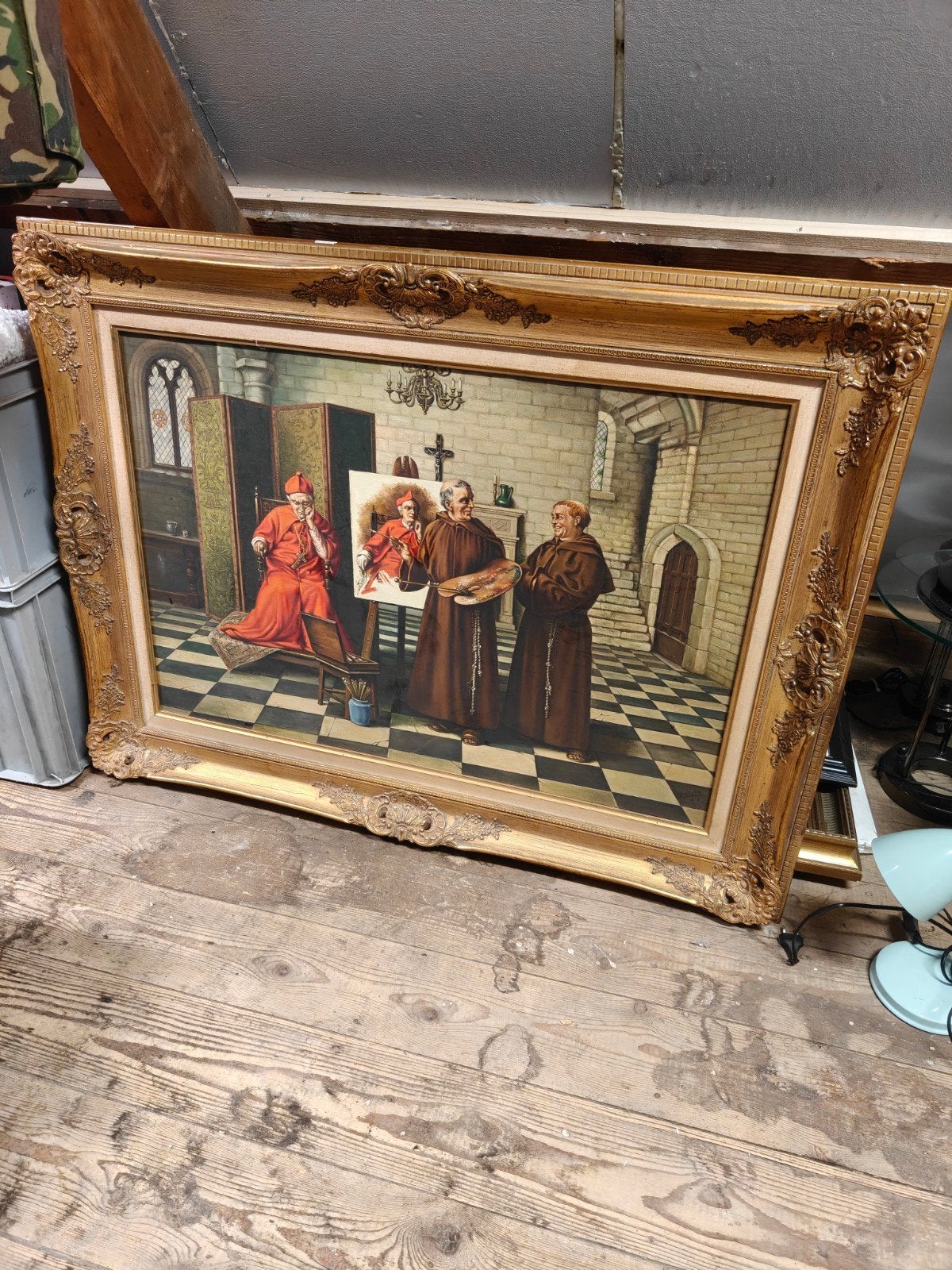 Oud schilderij: Kardinaal en monniken in atelier, Doek, Portret of Personen, Ophalen of Verzenden, Olieverf