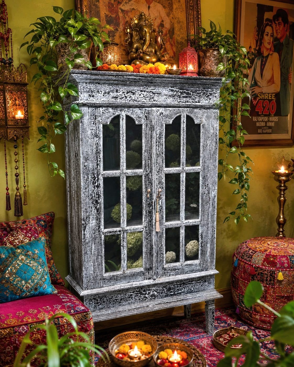 Oude Indiase Kast met Glazen Deuren - Vintage Blikvanger, Huis en Inrichting, Ophalen, Zo goed als nieuw