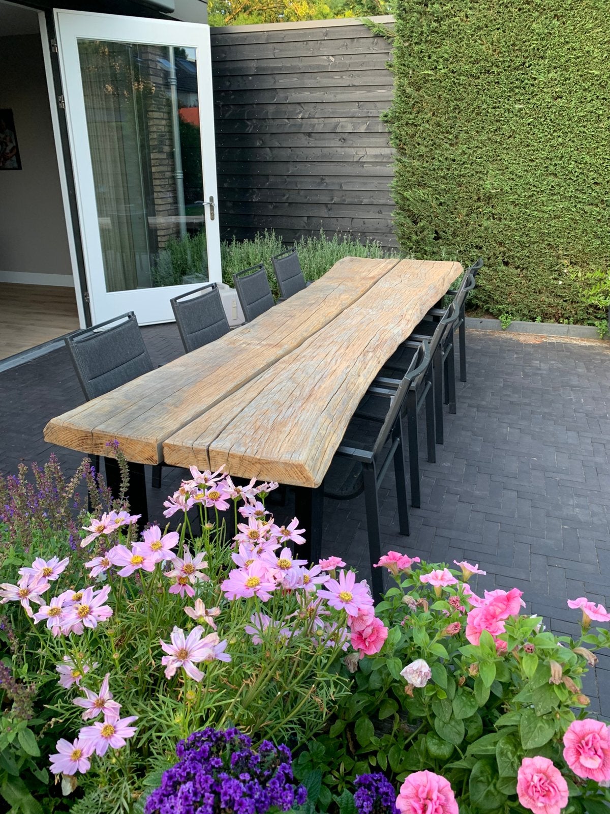 Massieve eiken tafel 350 cm + 8 luxe stoelen, Ophalen, Eikenhout, 200 cm of meer, 50 tot 100 cm