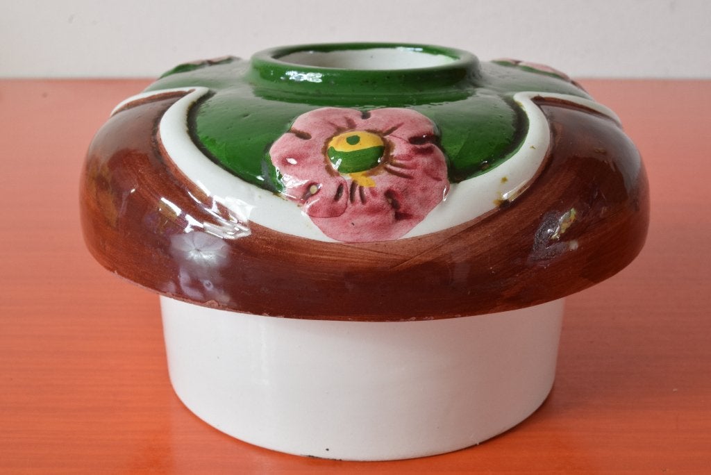 Retro vintage Barbotine vaas / sierobject / kandelaar, Ophalen of Verzenden
