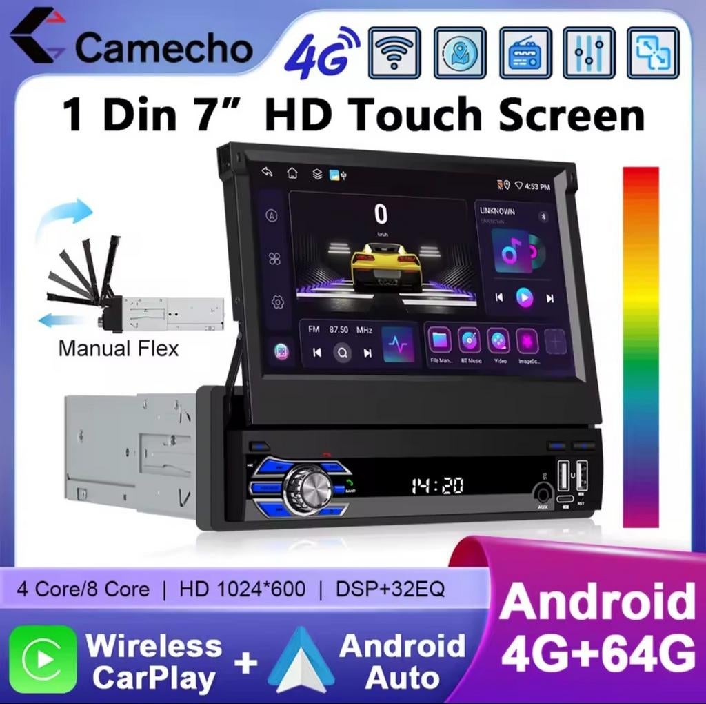 Navigatie Carplay 4+64Gb 1 Din 7 inch uitklapscherm scherm, Auto diversen, Autoradio's, Ophalen of Verzenden